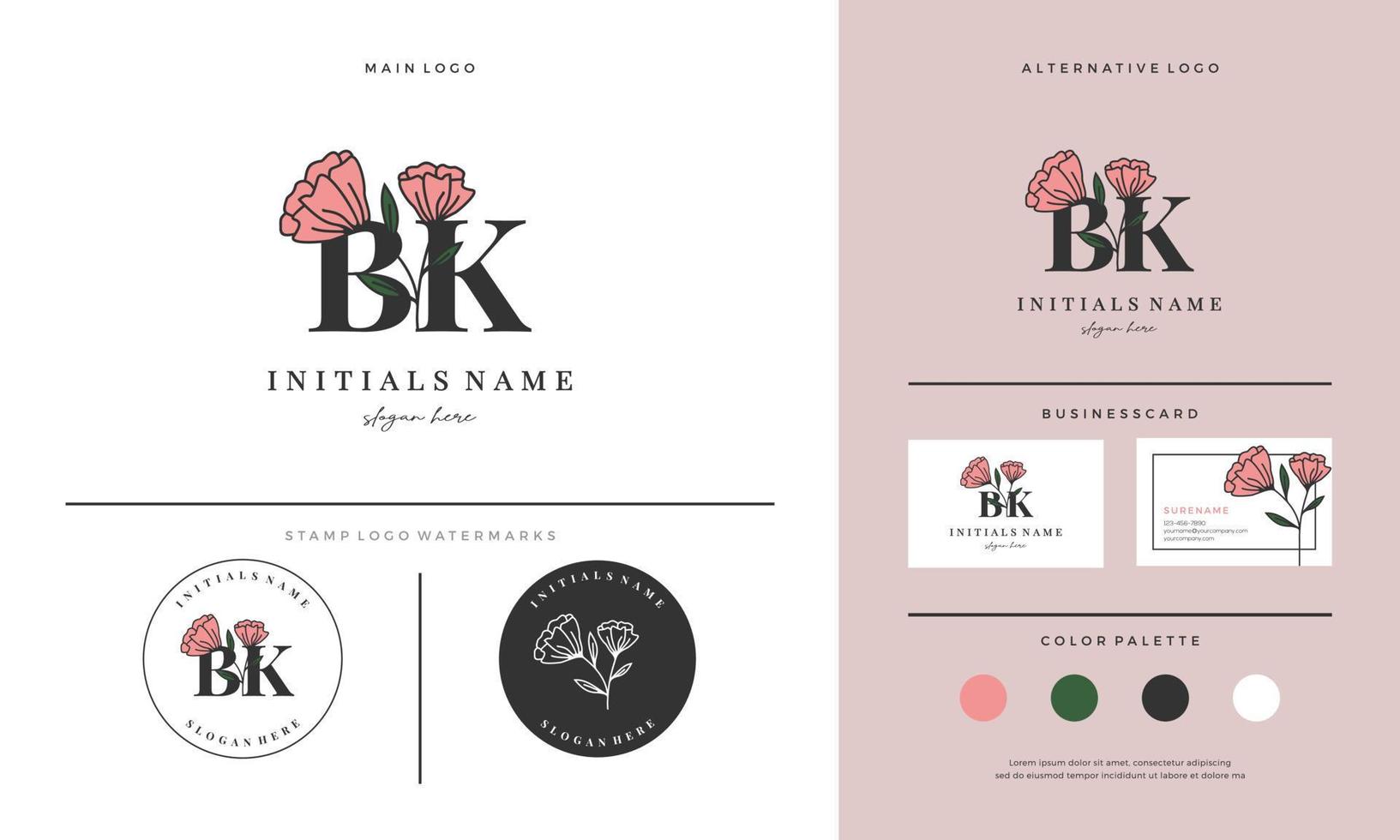 handschrift brief bk b k eerste logo ontwerp met rozen voor schoonheid of botanisch. vector