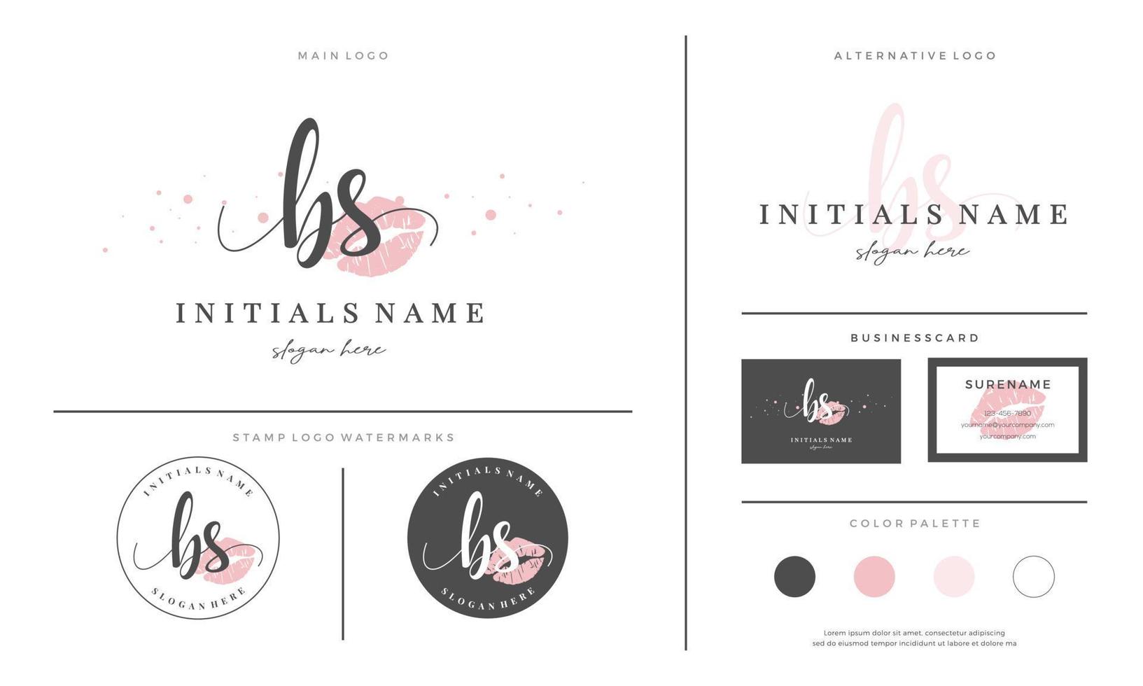 brief bs b s eerste handschrift logo sjabloon met lippenstift kus of bedenken vector