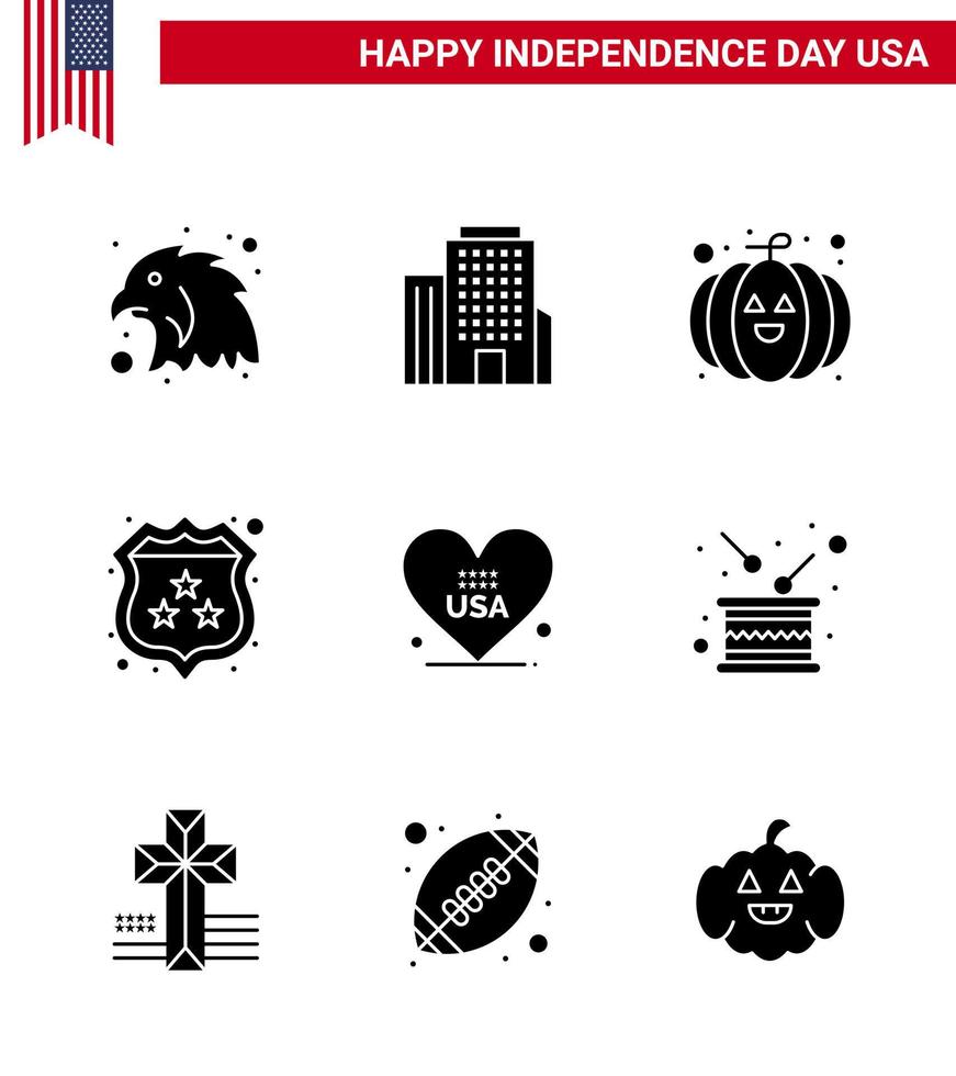 9 Verenigde Staten van Amerika solide glyph tekens onafhankelijkheid dag viering symbolen van dag Amerikaans festival liefde Politie bewerkbare Verenigde Staten van Amerika dag vector ontwerp elementen