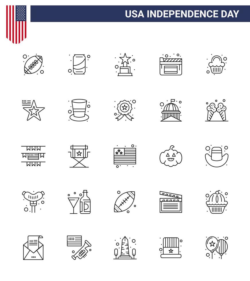 lijn pak van 25 Verenigde Staten van Amerika onafhankelijkheid dag symbolen van viering partij prestatie taart films bewerkbare Verenigde Staten van Amerika dag vector ontwerp elementen
