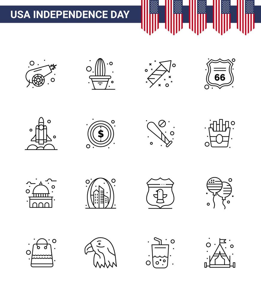 4e juli Verenigde Staten van Amerika gelukkig onafhankelijkheid dag icoon symbolen groep van 16 modern lijnen van raket Amerikaans viering teken veiligheid bewerkbare Verenigde Staten van Amerika dag vector ontwerp elementen