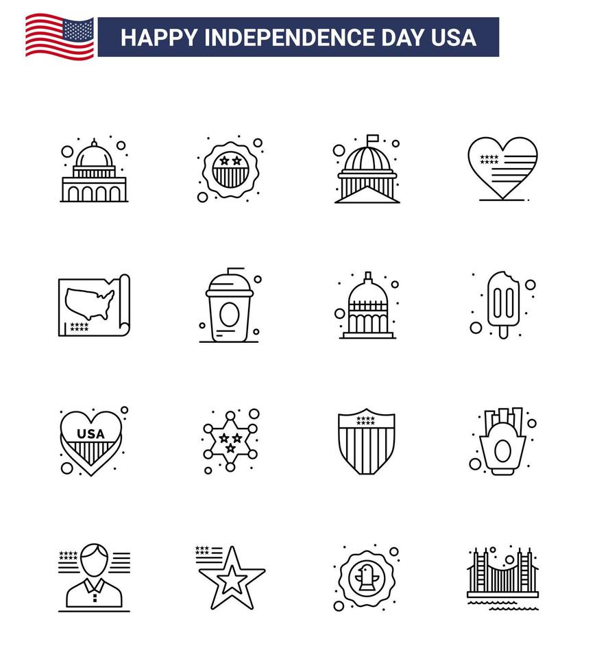 modern reeks van 16 lijnen en symbolen Aan Verenigde Staten van Amerika onafhankelijkheid dag zo net zo kaart Amerikaans gebouw liefde wit bewerkbare Verenigde Staten van Amerika dag vector ontwerp elementen