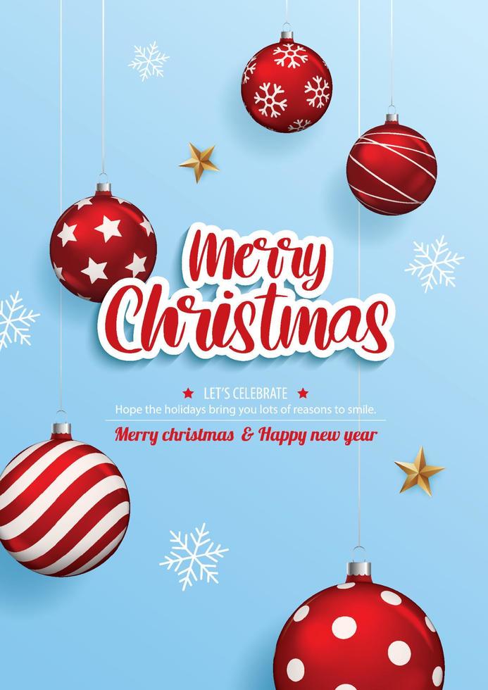 vrolijk Kerstmis met glas bal voor folder brochure ontwerp Aan blauw achtergrond uitnodiging thema concept. gelukkig vakantie groet banier en kaart sjabloon. vector