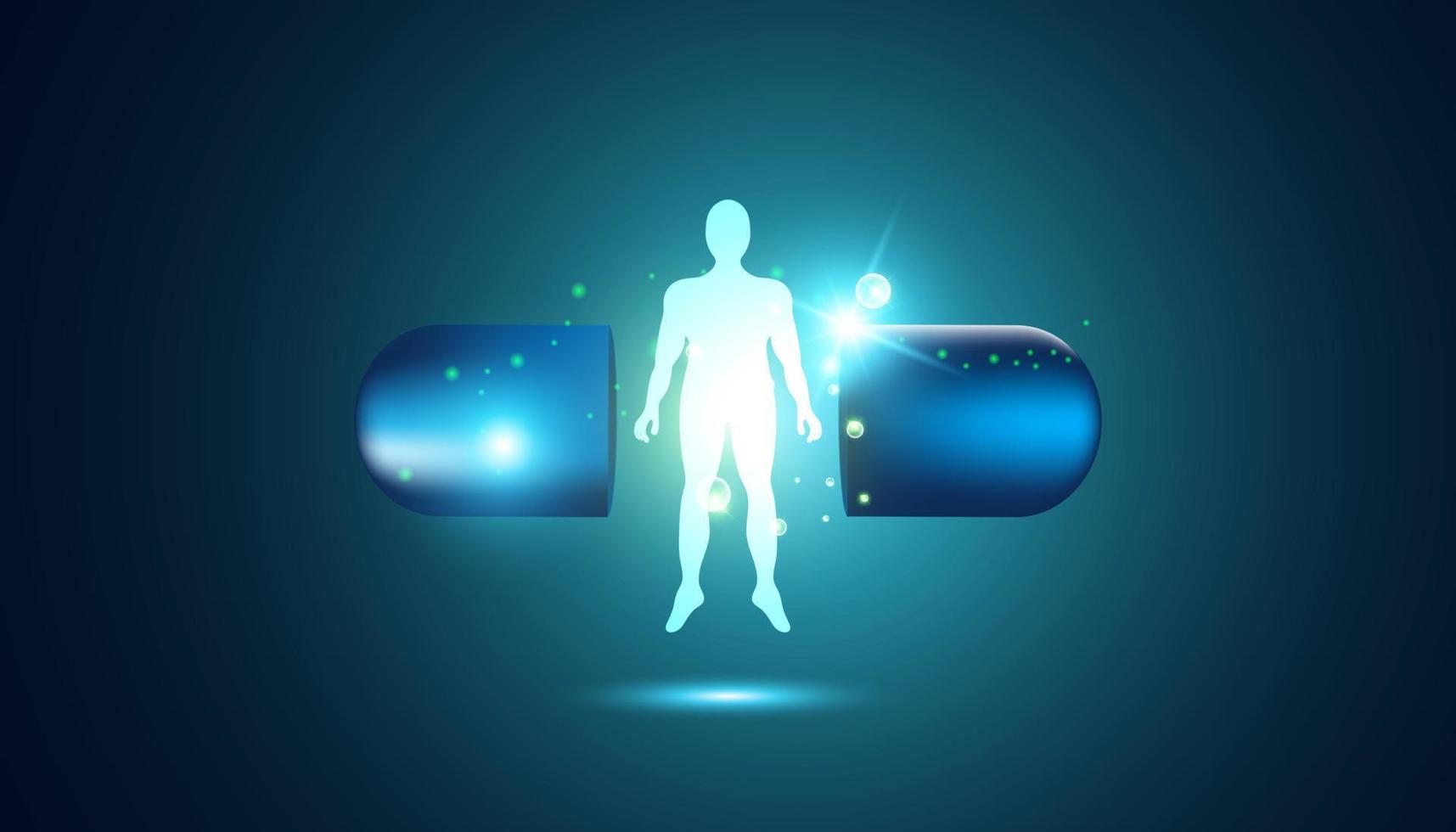 abstract geneeskunde concept capsule 3d menselijk behandeling modern technologie medisch Aan blauw achtergrond vector