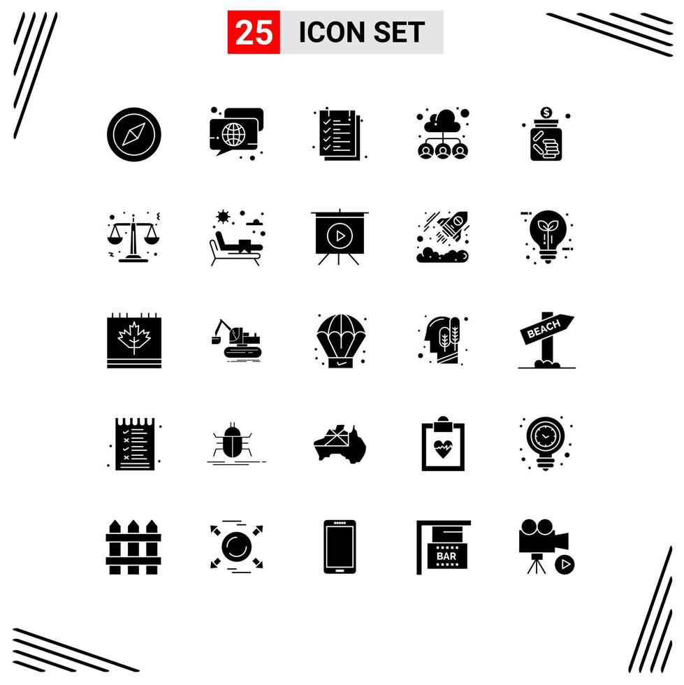 solide glyph pak van 25 universeel symbolen van bank team document mensen wolk bewerkbare vector ontwerp elementen