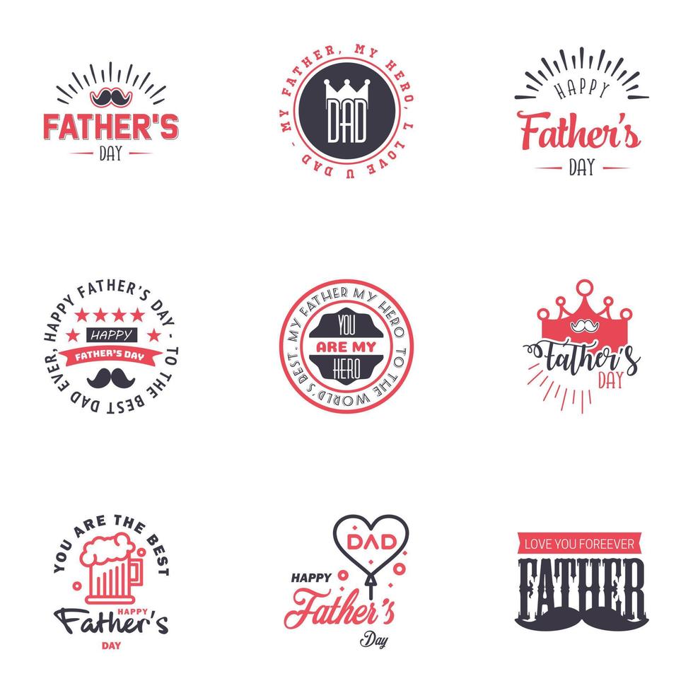 gelukkig vaders dag groet hand- belettering badges 9 zwart en roze typfout geïsoleerd Aan wit typografie ontwerp sjabloon voor poster banier geschenk kaart t overhemd afdrukken etiket sticker retro wijnoogst stijl vector