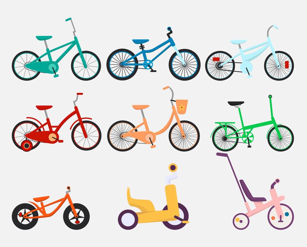 reeks van kinderen fietsen en driewielers. divers type van kinderen Fietsen verzameling. voorraad vector vlak stijl tekenfilm illustratie geïsoleerd Aan wit achtergrond, eps 10.