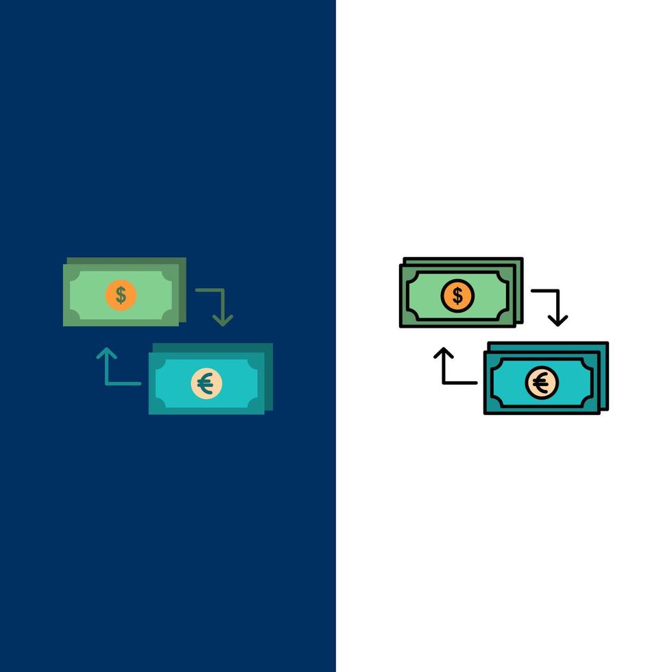 uitwisseling bedrijf dollar euro financiën financieel geld pictogrammen vlak en lijn gevulde icoon reeks vector blauw achtergrond