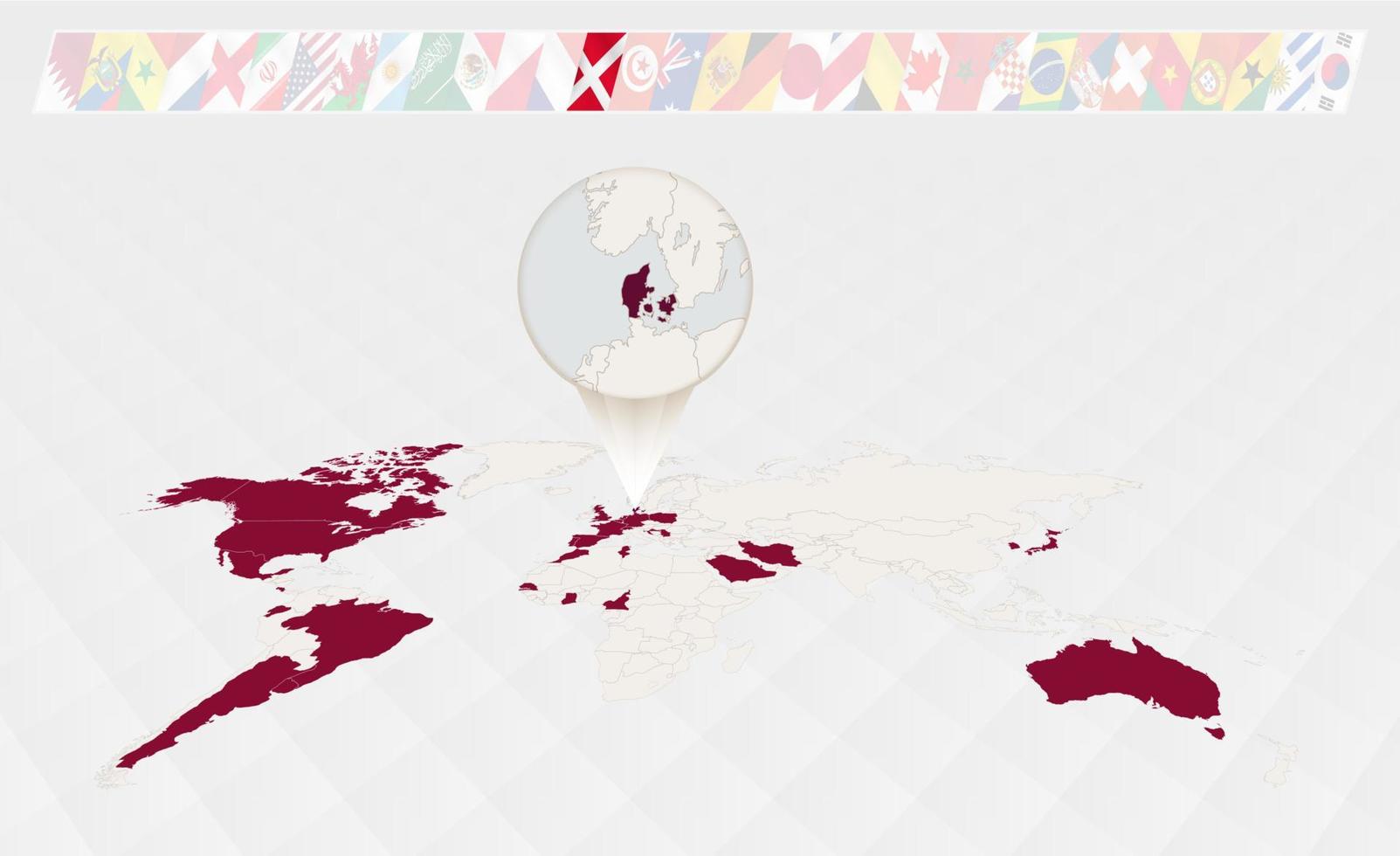 vergroten de kaart van Denemarken geselecteerd Aan de perspectief wereld kaart, infographics over de deelnemers in voetbal toernooi. vector