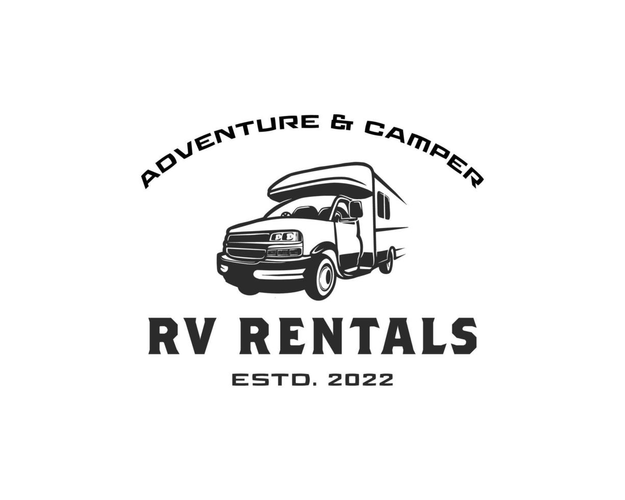 avontuur rv camper auto logo. rv verhuur en tour logo ontwerpen sjabloon vector