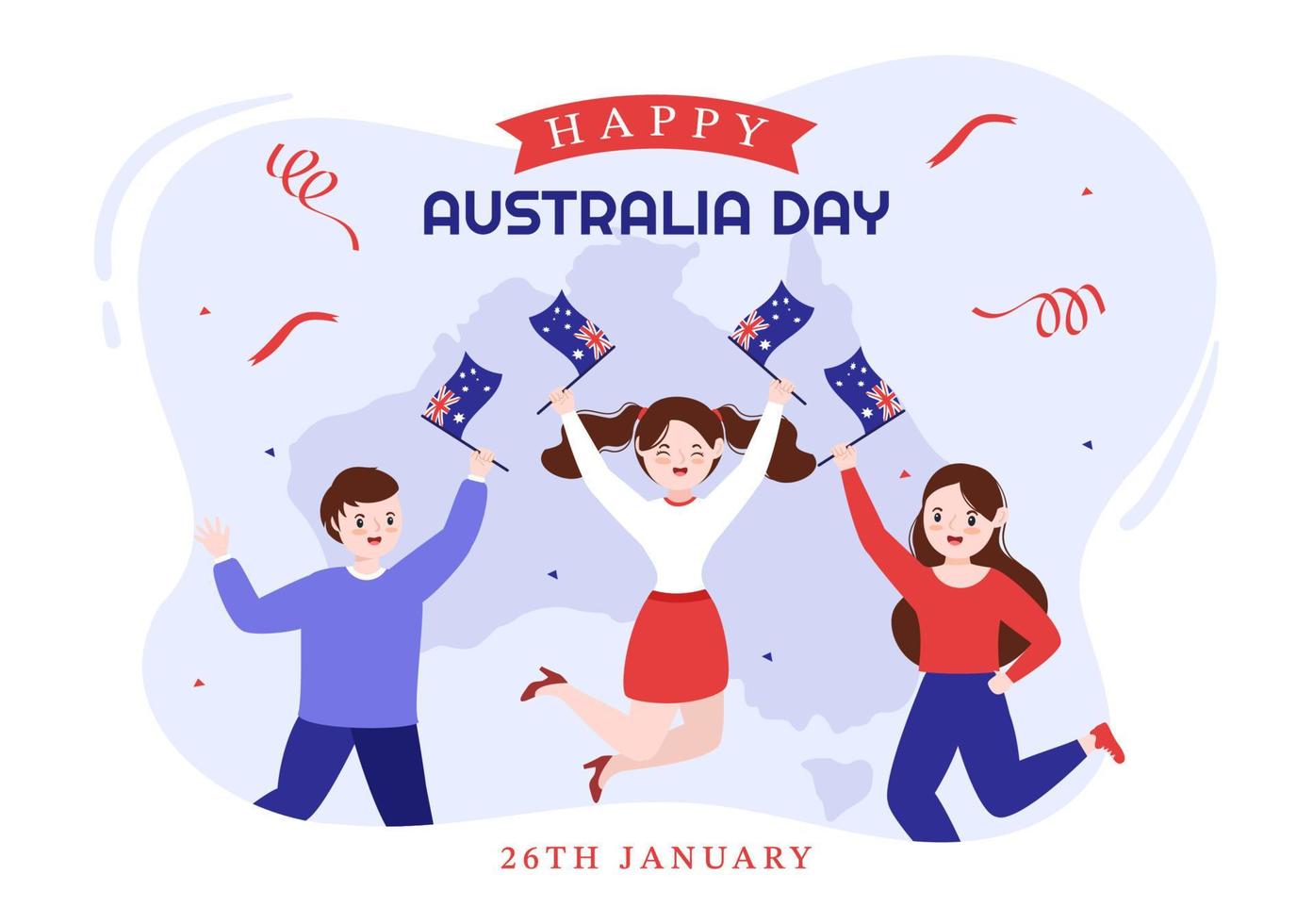 gelukkig Australië dag opgemerkt elke jaar Aan januari 26e met vlaggen en kaart naar verscheidenheid van volkeren in vlak tekenfilm hand- getrokken sjabloon illustratie vector