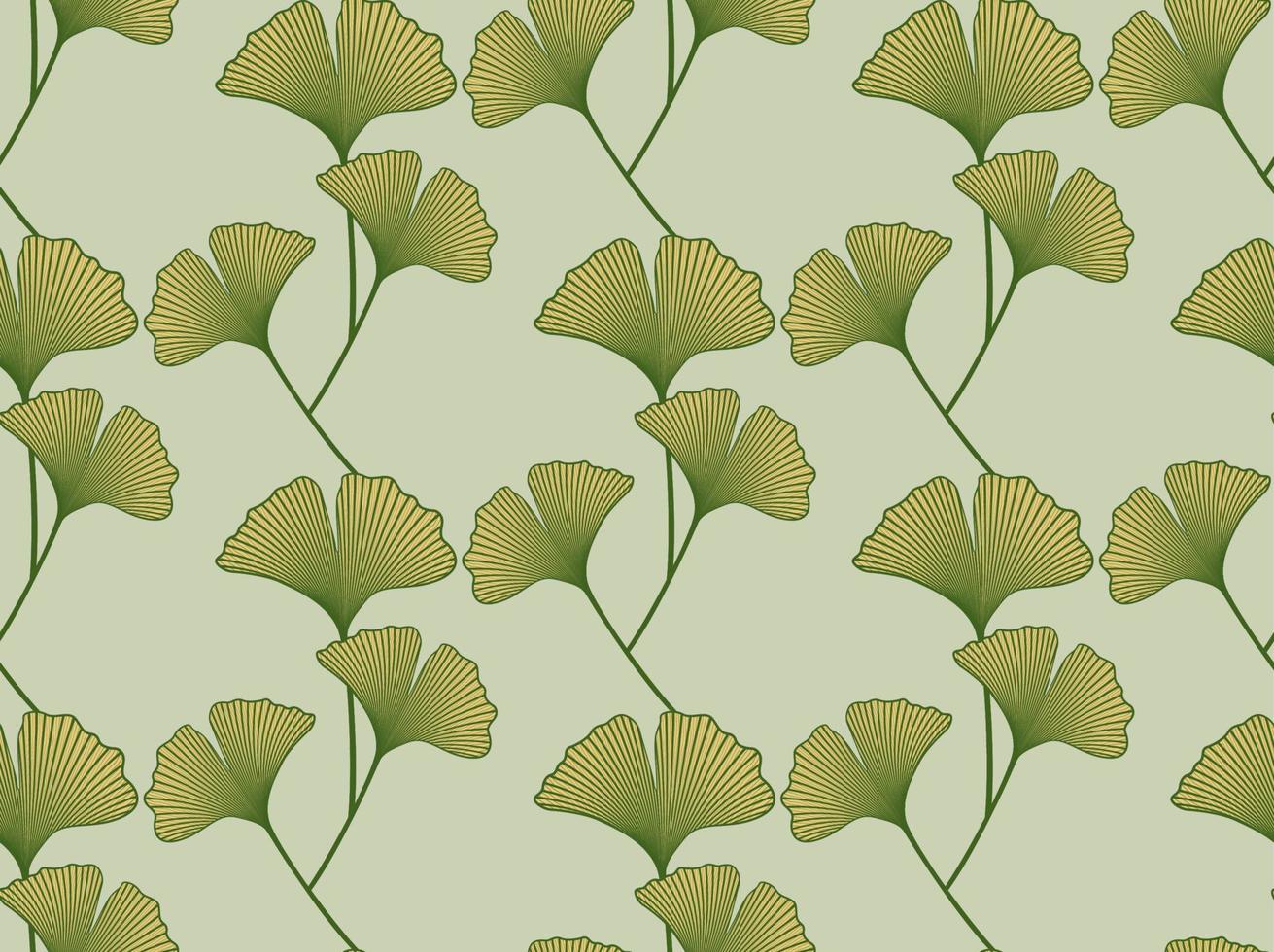 naadloos patroon met hand- getrokken ginkgo biloba bladeren. Japans tekening grafisch stijl, logo sjabloon, vector illustratie kleding stof afdrukken bloemen botanisch achtergrond geïsoleerd Aan groen kleur