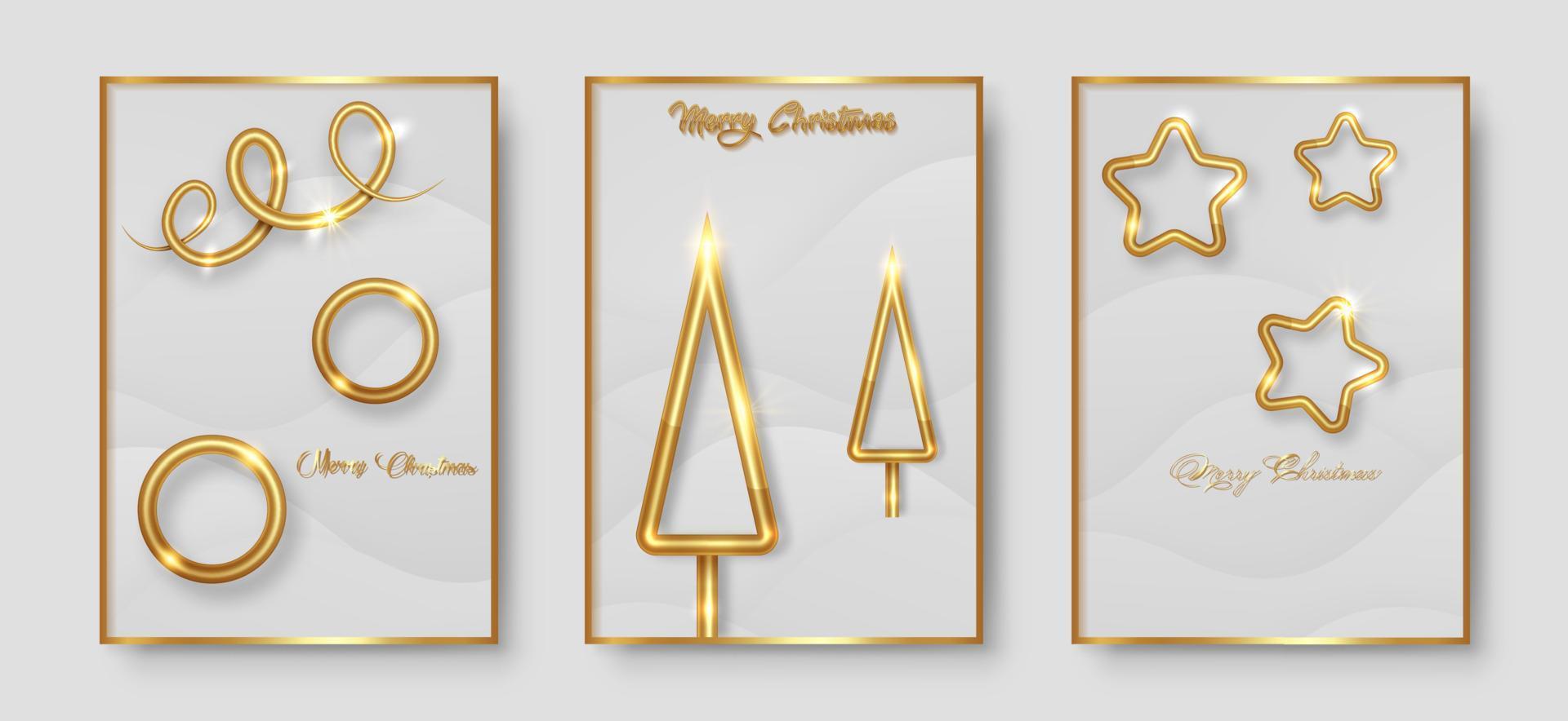 reeks kaarten vrolijk Kerstmis goud textuur, gouden luxe elementen, wit papier besnoeiing achtergrond voor kalender en groeten kaart of Kerstmis themed winter vakantie uitnodigingen met meetkundig decoraties vector