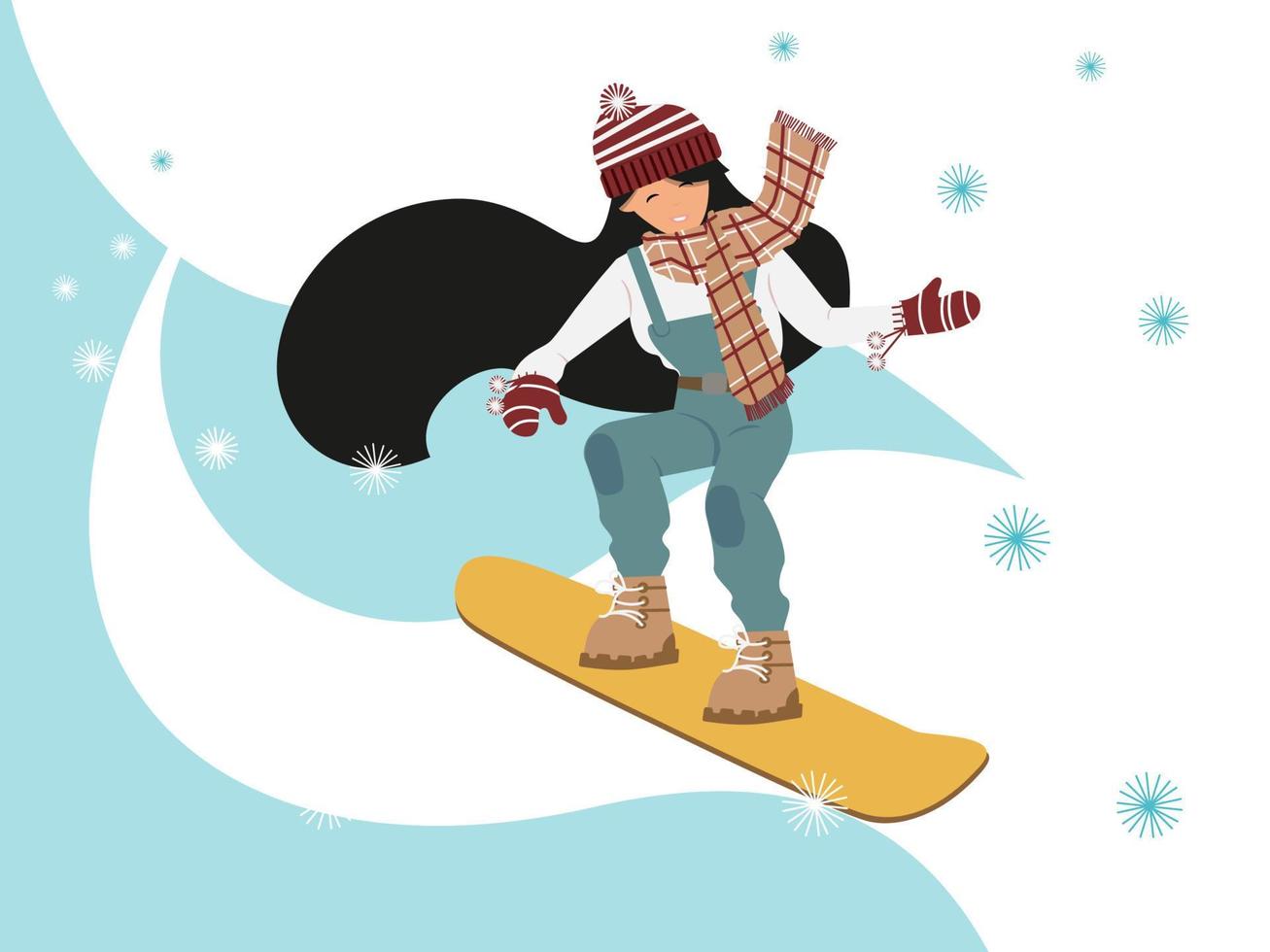 jong meisje snowboarden naar beneden een besneeuwd berg, vector illustratie, voor extreem sport- ontwerp, kaarten, flyers of samenstelling element