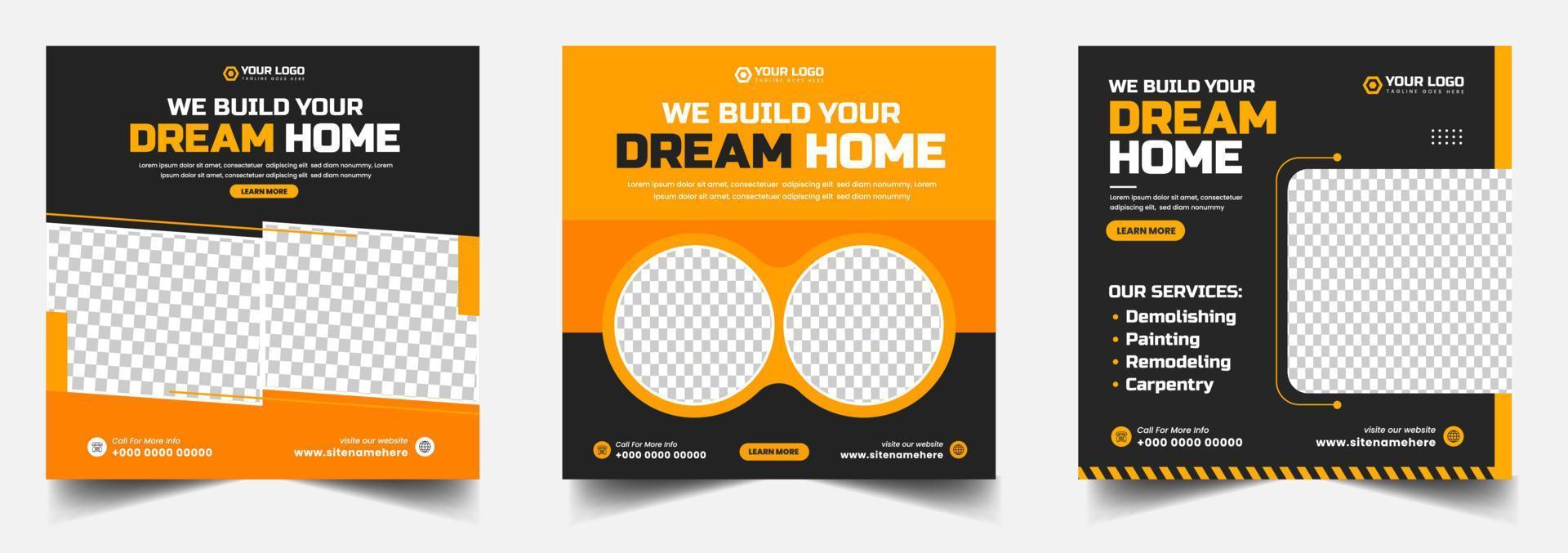 constructie social media post banner ontwerpsjabloon met gele kleur, corporate constructie tools social media post design, home improvement banner template, home reparatie social media post banner. vector