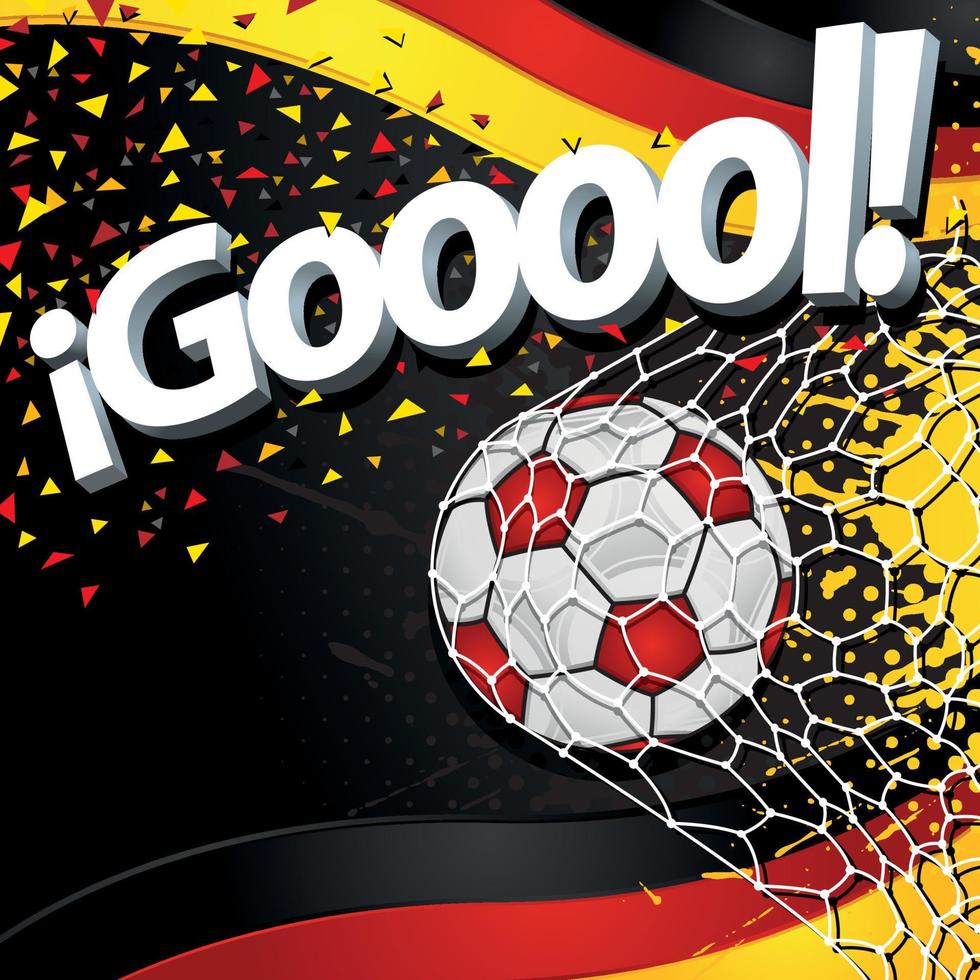 woord goed De volgende naar een voetbal bal scoren een doel Aan een achtergrond van Duitse vlaggen en zwart, rood, en geel confetti. vector beeld