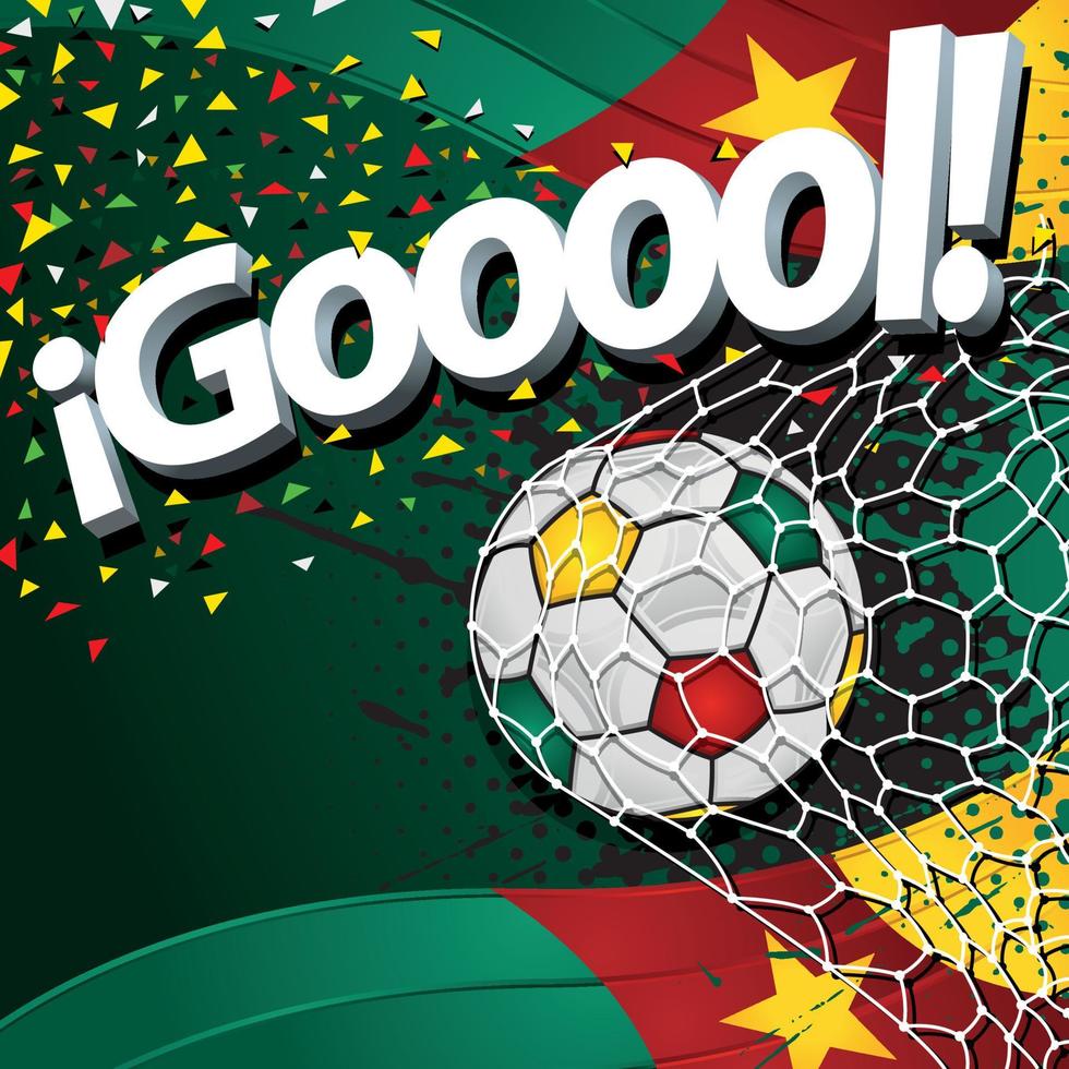 woord goed De volgende naar een voetbal bal scoren een doel tegen een achtergrond van Kameroense vlaggen en groente, rood, en geel confetti. vector beeld