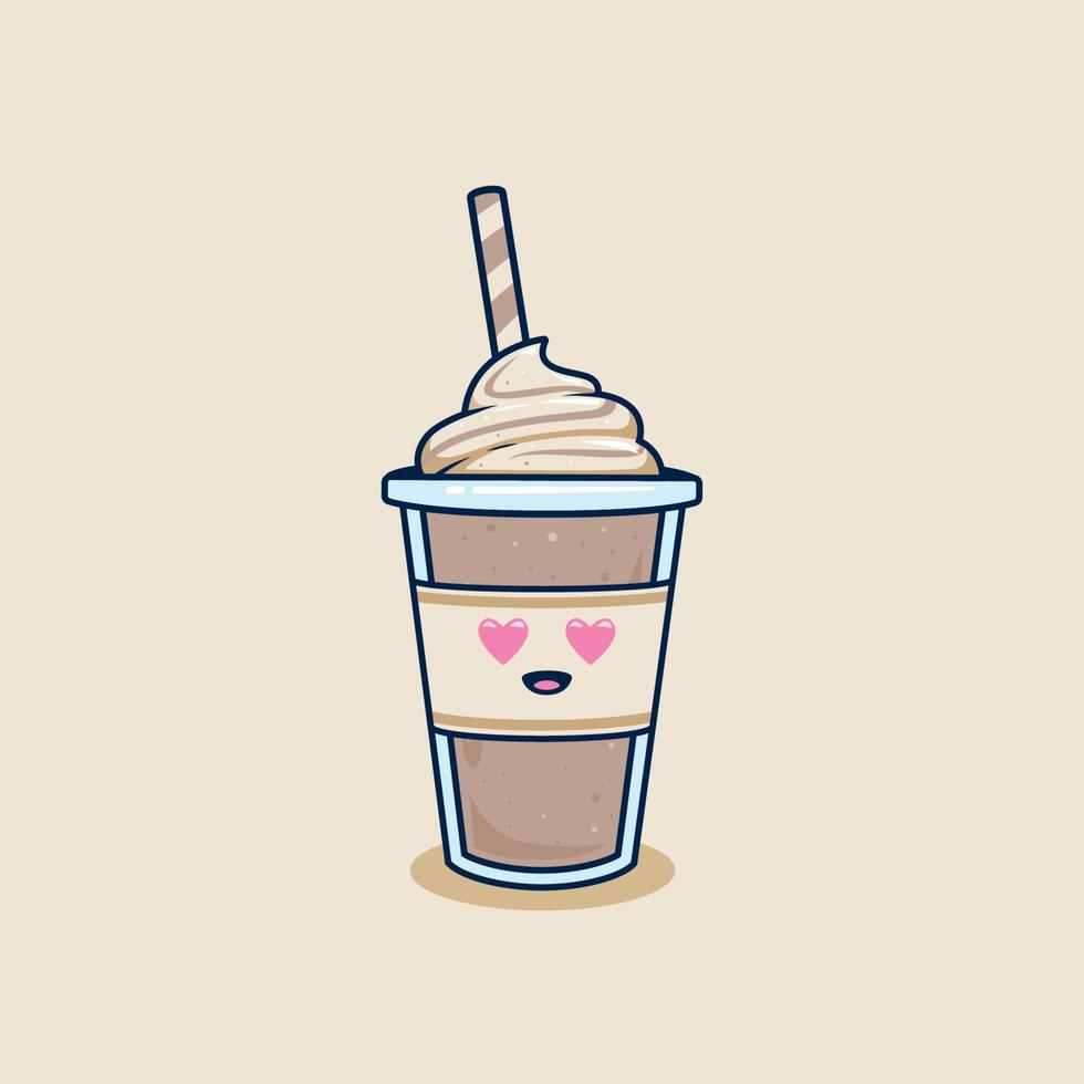 liefde ogen chocola milkshake in meenemen kop met zweep room topping illustratie. vallend liefde frappe koffie in plastic kop illustratie mascotte tekenfilm karakter vector