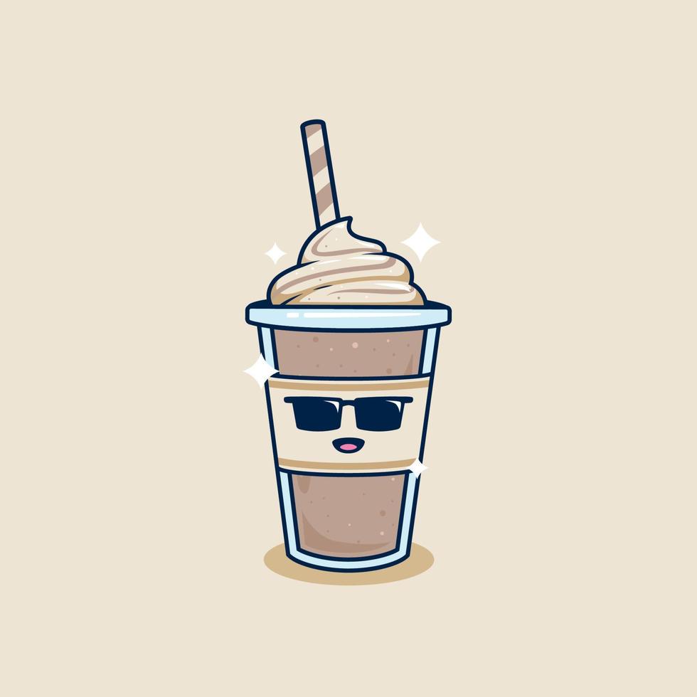 koel swag met zonnebril chocola milkshake in meenemen kop met zweep room topping illustratie. frappe koffie in plastic kop illustratie mascotte tekenfilm karakter vector