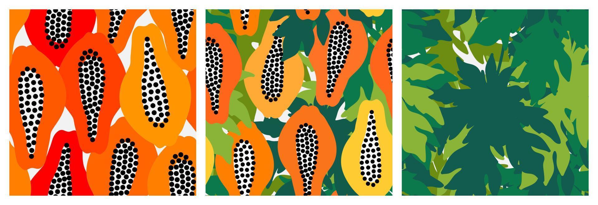 vector naadloos patroon reeks met hand- getrokken papaja fruit en bladeren. elegant zomer tropisch patronen.