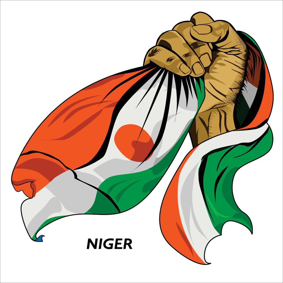 gevuist hand- Holding Niger vlag. vector illustratie van opgeheven hand- grijpen vlag. vlag draperen in de omgeving van hand. schaalbaar eps formaat