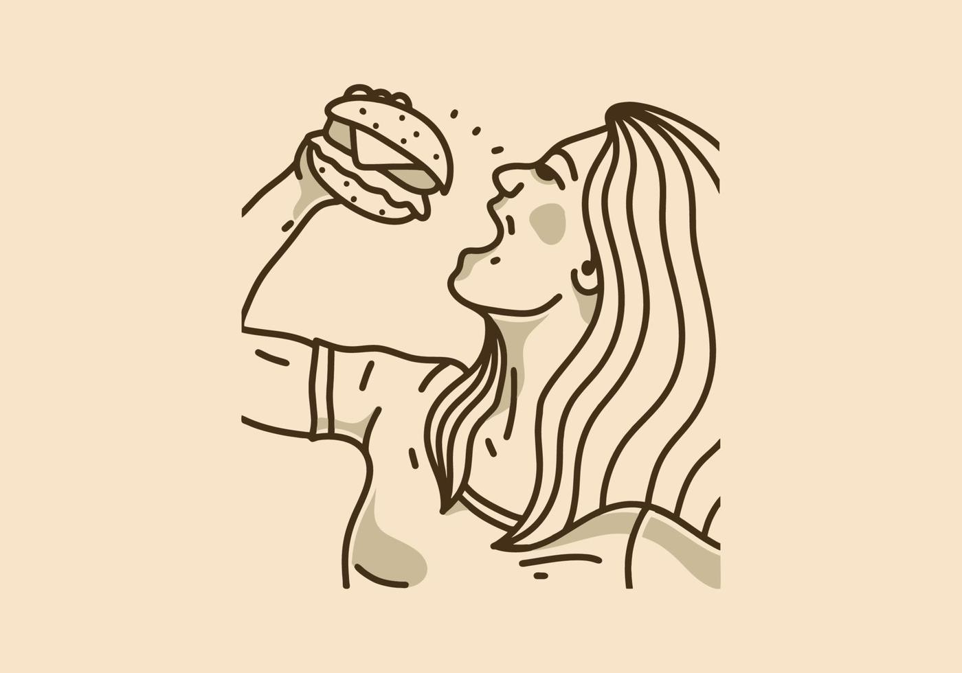 wijnoogst illustratie van vrouw aan het eten hamburger vector