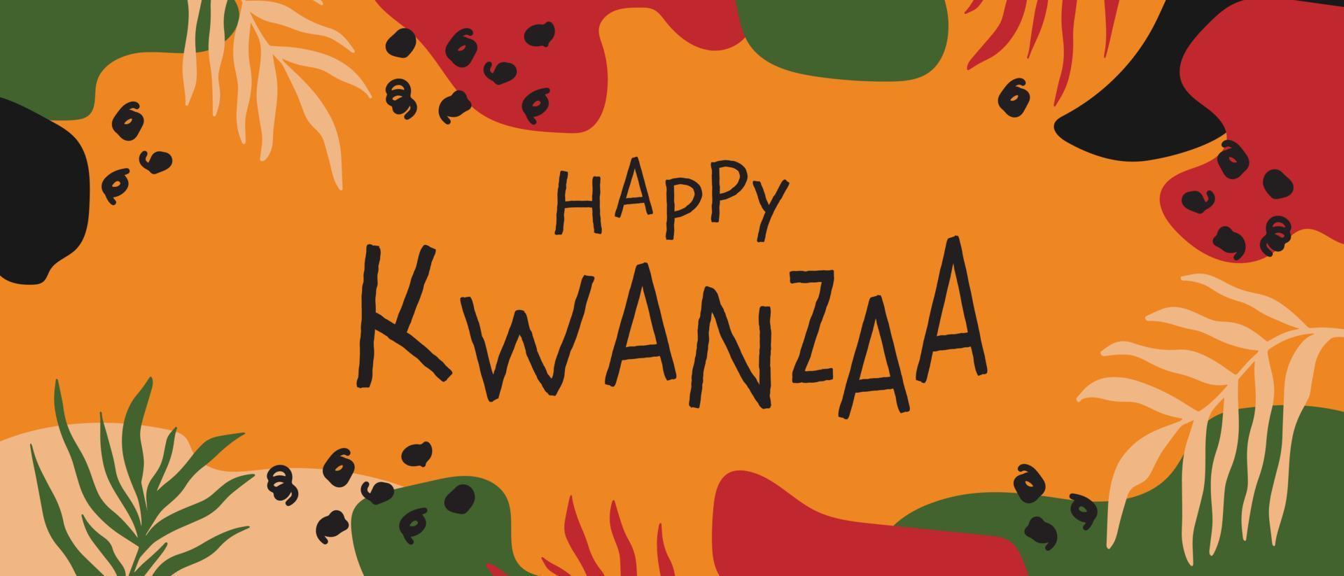 gelukkig kwanzaa abstract helder kleurrijk horizontaal lang banier ontwerp met willekeurig biologisch vormen, palm bladeren. vector sjabloon voor kwanzaa Afrikaanse Amerikaans viering in usa.act,