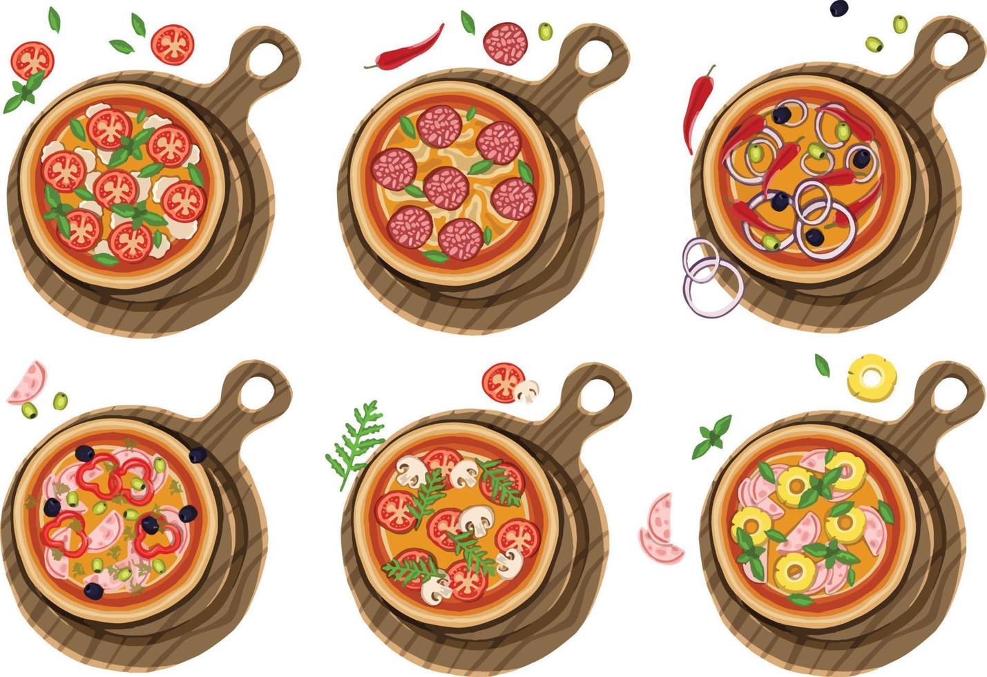 reeks van pizza's met divers vullingen. illustratie. vector