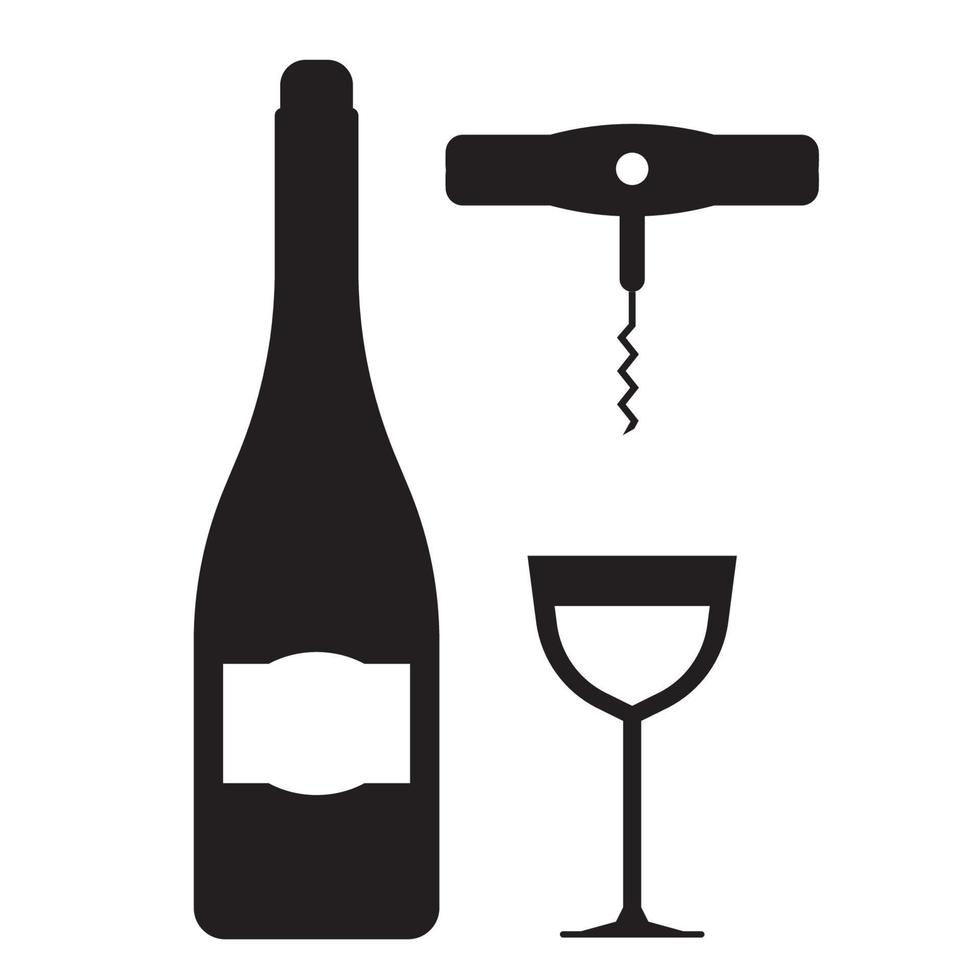 wijn fles, glas en kurketrekker pictogrammen vector