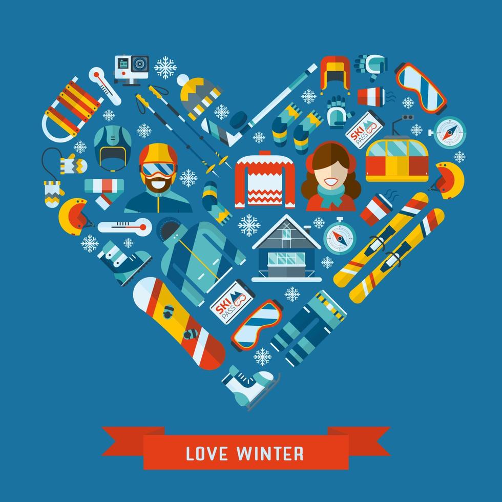 winter werkzaamheid vlak pictogrammen hart vorm vector