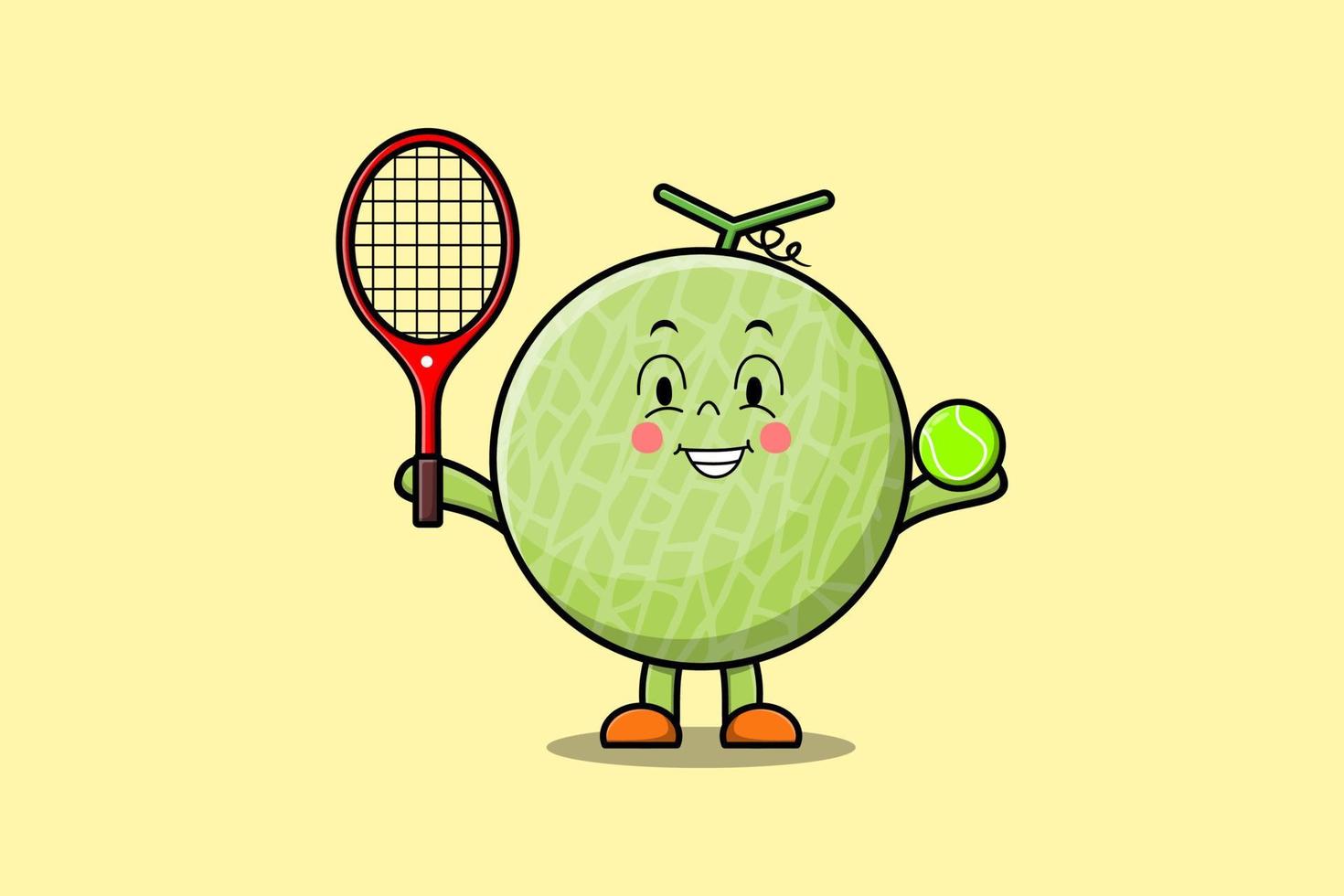schattig tekenfilm meloen karakter spelen tennis veld- vector
