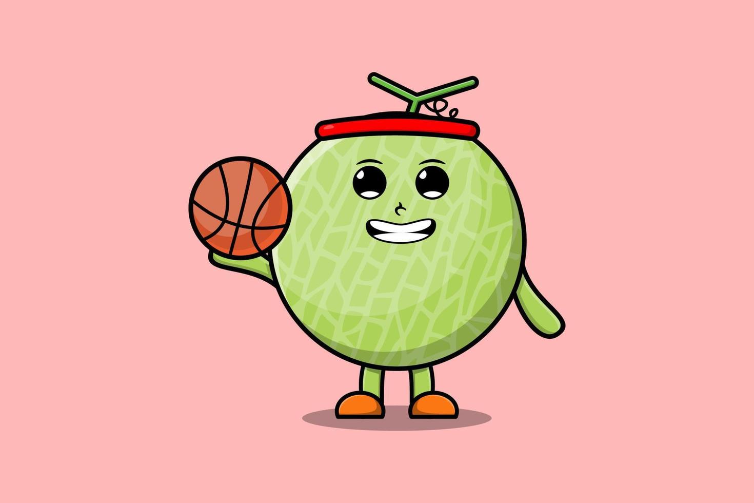 schattig tekenfilm meloen karakter spelen basketbal vector
