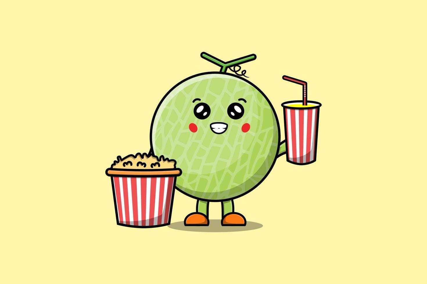 schattig tekenfilm meloen met popcorn en drinken vector
