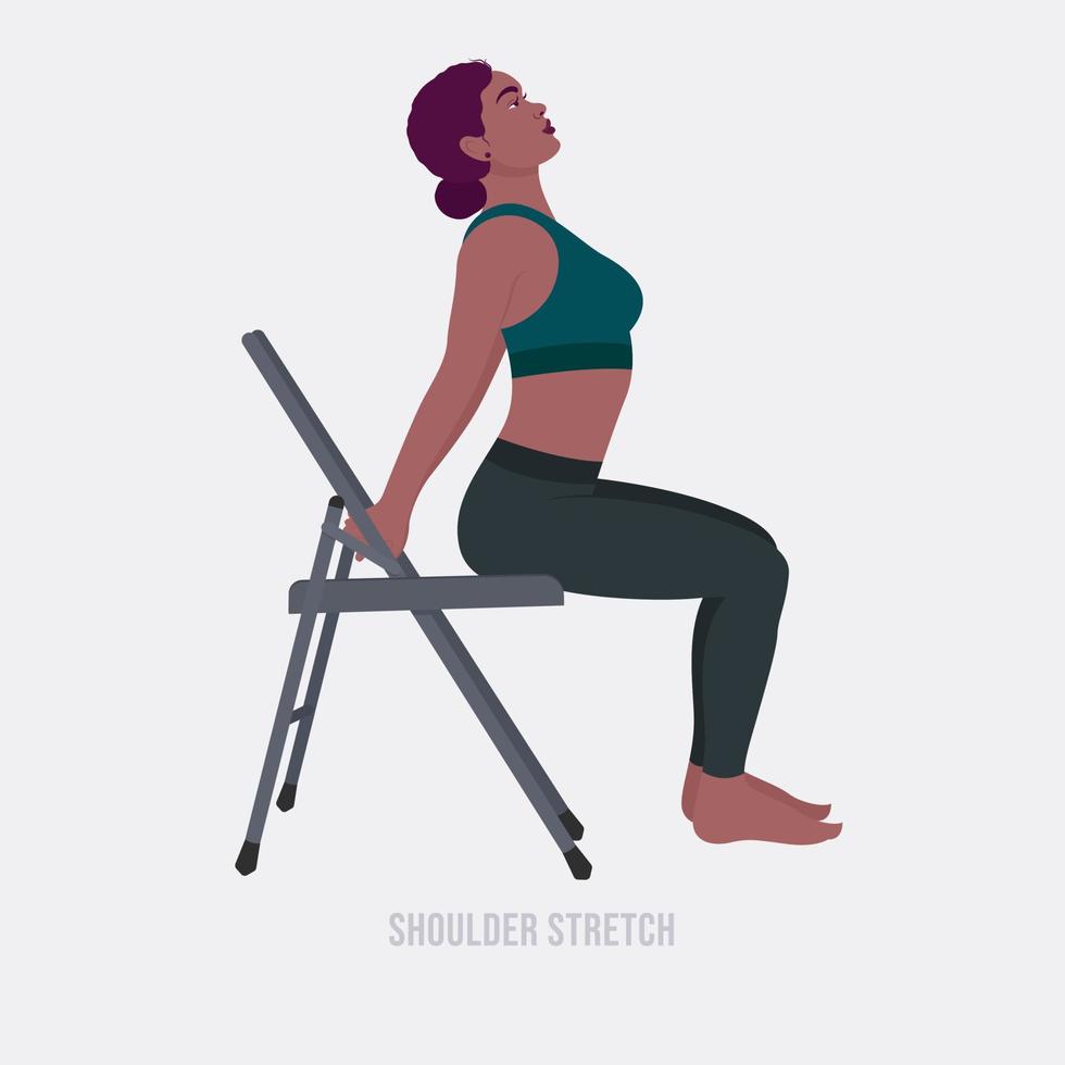 schouder rekken oefening.vrouw aan het doen geschiktheid en yoga opdrachten met stoel. vector
