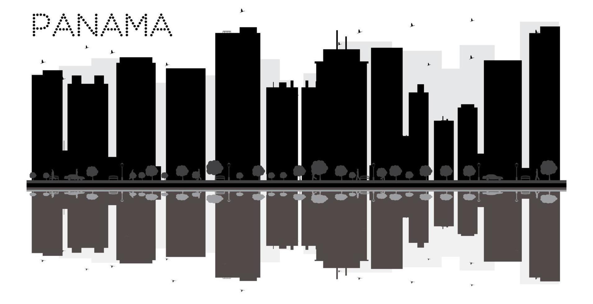 Panama stad horizon zwart en wit silhouet met reflecties. vector