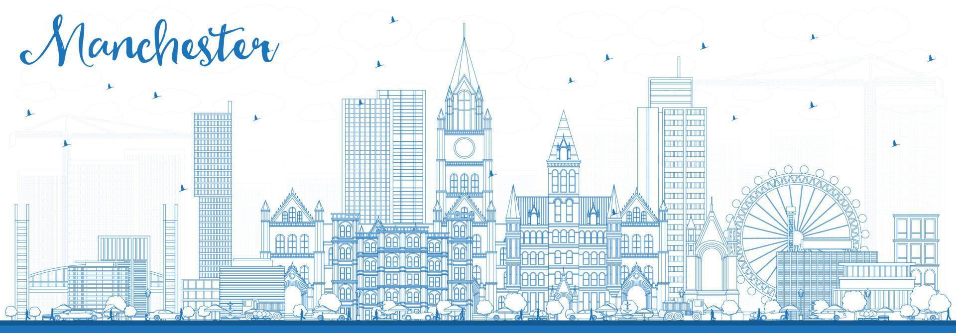 schets Manchester horizon met blauw gebouwen. vector