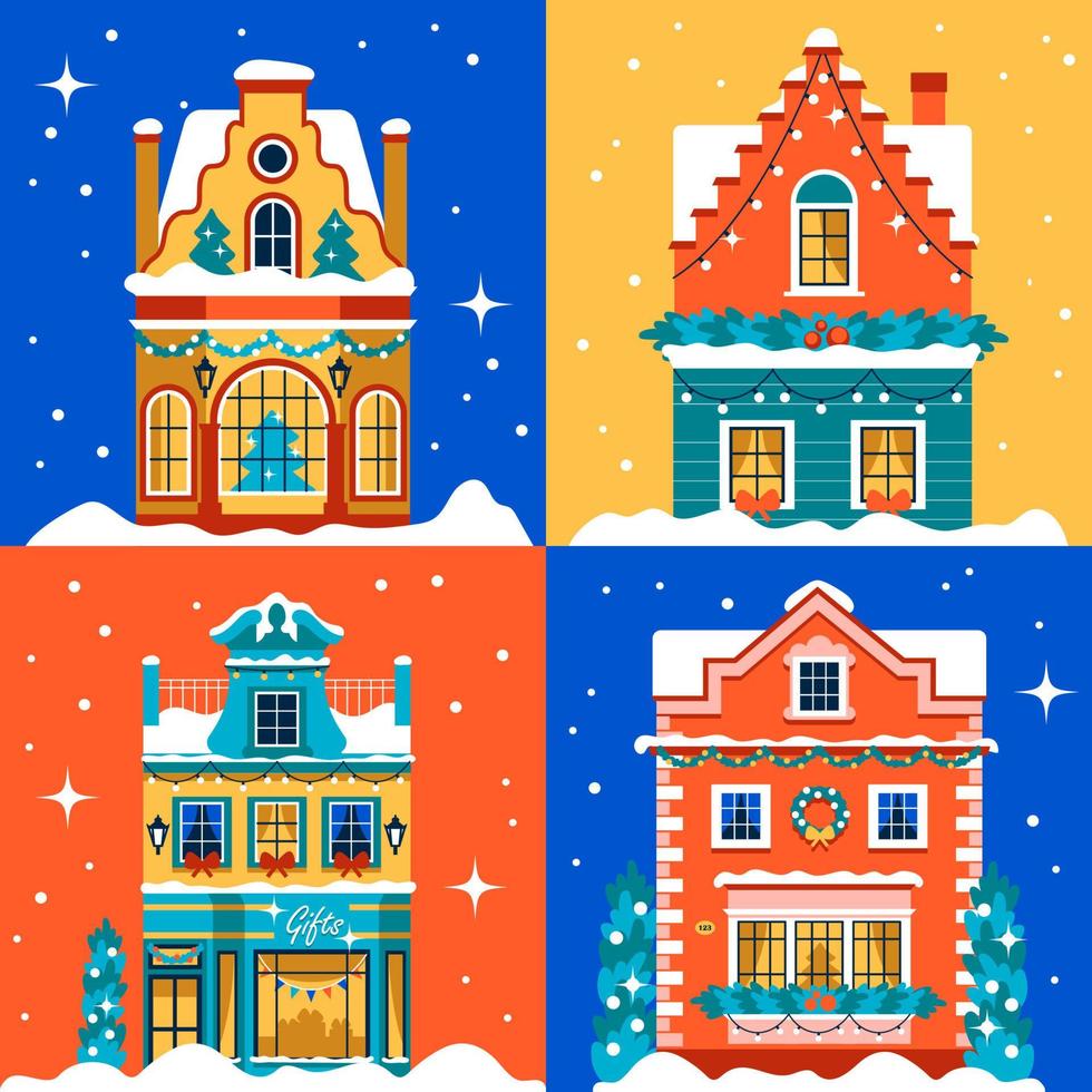 naadloos patroon met Kerstmis huizen. helder Europese wijnoogst gevels met sneeuw, decor en slingers vector