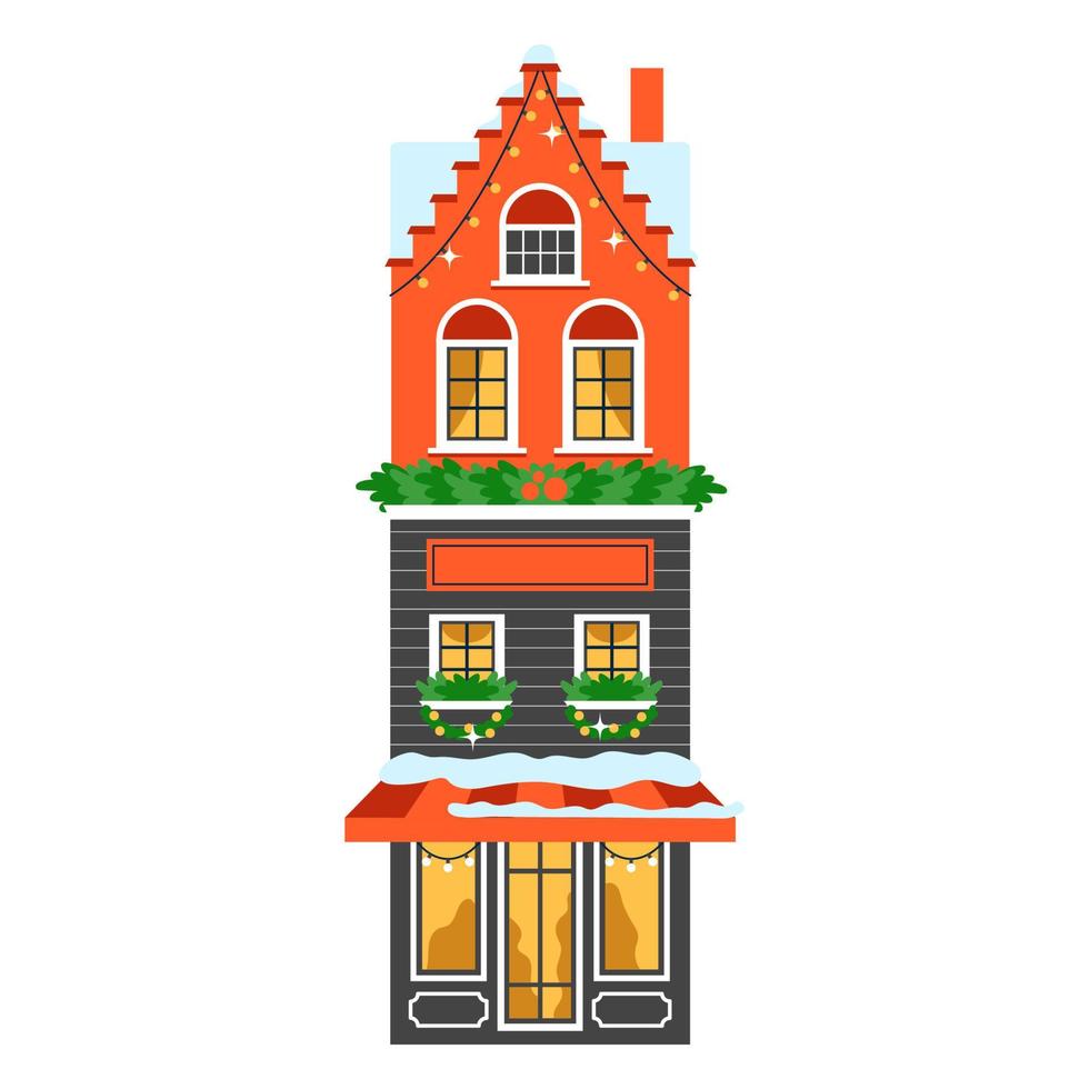 mooi Kerstmis huis met slingers. Europese facade in winter met sneeuw en decor. nieuw jaar huis vector