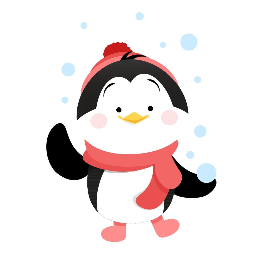 schattig pinguïn in een rood hoed en sjaal en sneeuwballen vector
