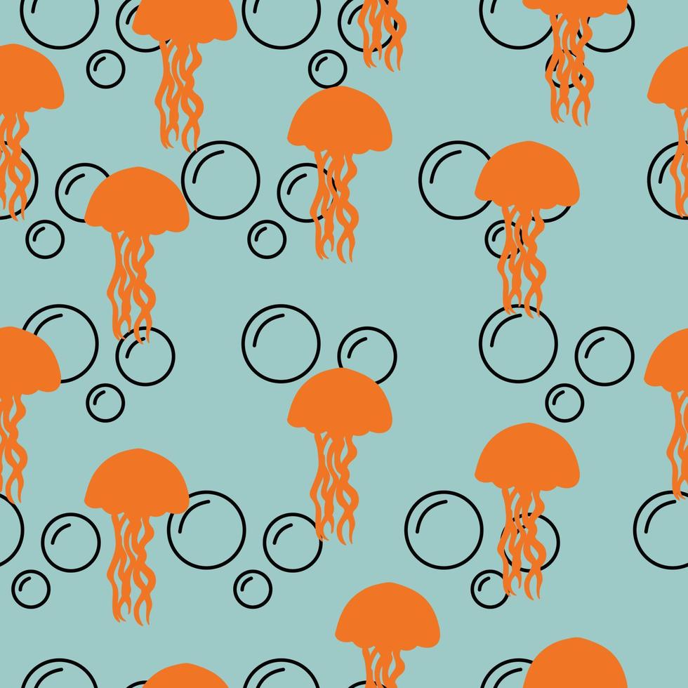 oranje silhouet kwal met schets bubbels naadloos patroon, helder silhouetten van onderwater- dieren Aan een blauw achtergrond vector