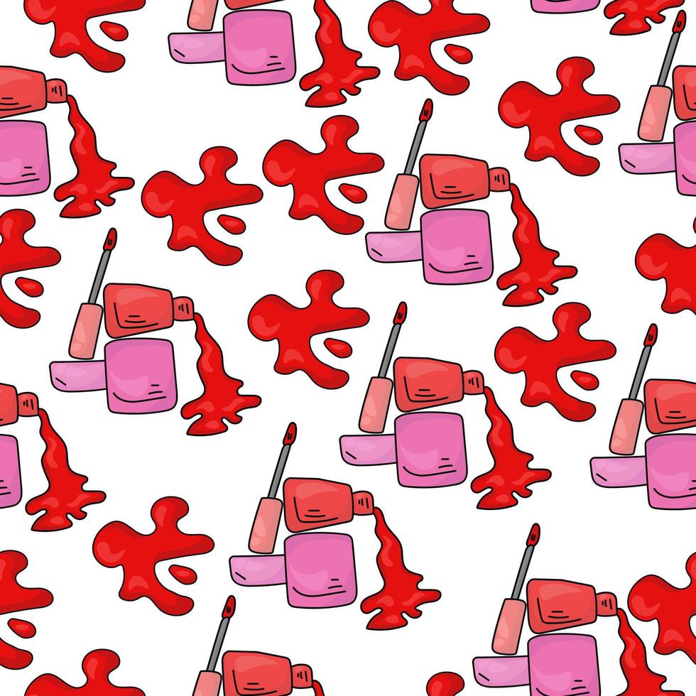 naadloos patroon van rood en roze nagel poetsmiddelen, rood helder plek en flessen met vernis Aan een wit achtergrond vector