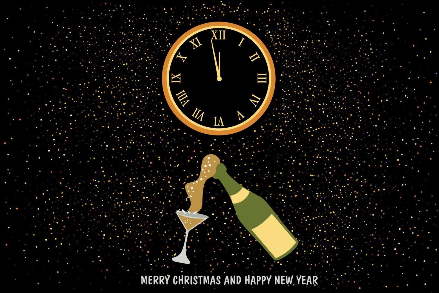 Champagne fles en horloge. gelukkig nieuw jaar groet kaart. vector