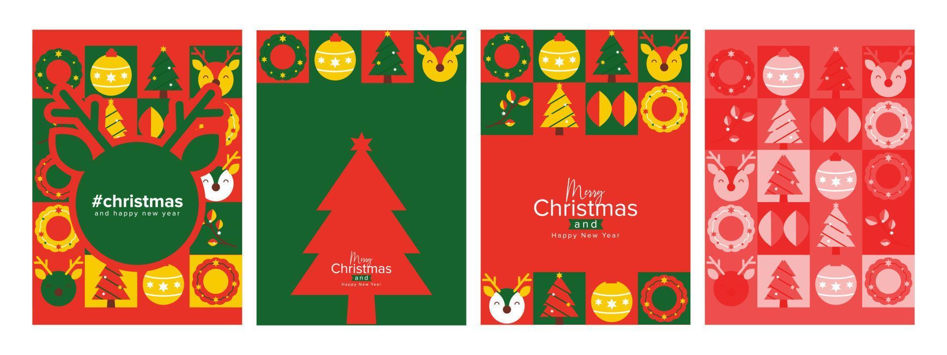 vrolijk Kerstmis en gelukkig vakantie kaarten met nieuw jaar boom. modern meetkundig universeel artistiek Sjablonen. vector illustratie.
