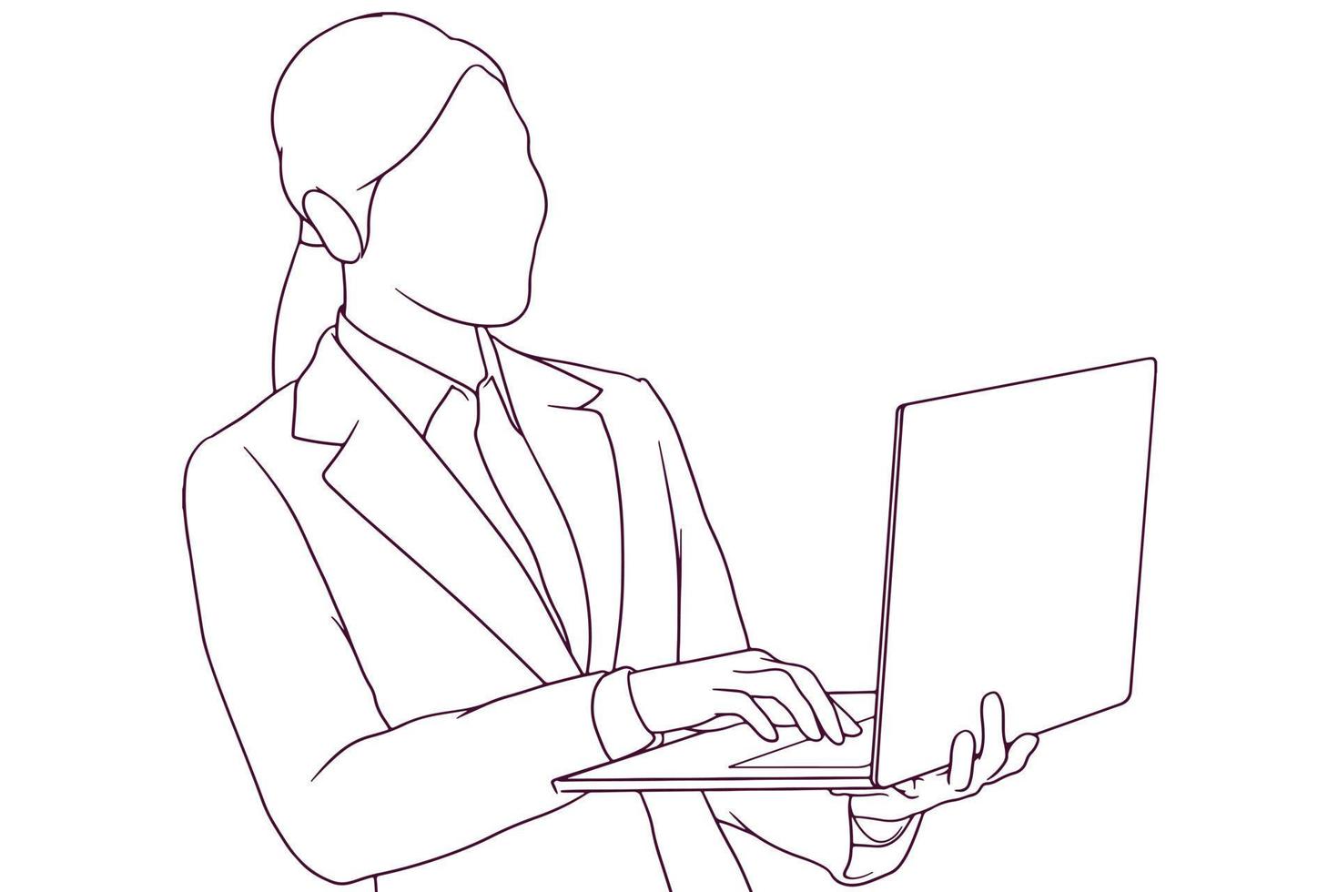 zakenvrouw werken Aan een laptop hand- getrokken stijl vector illustratie