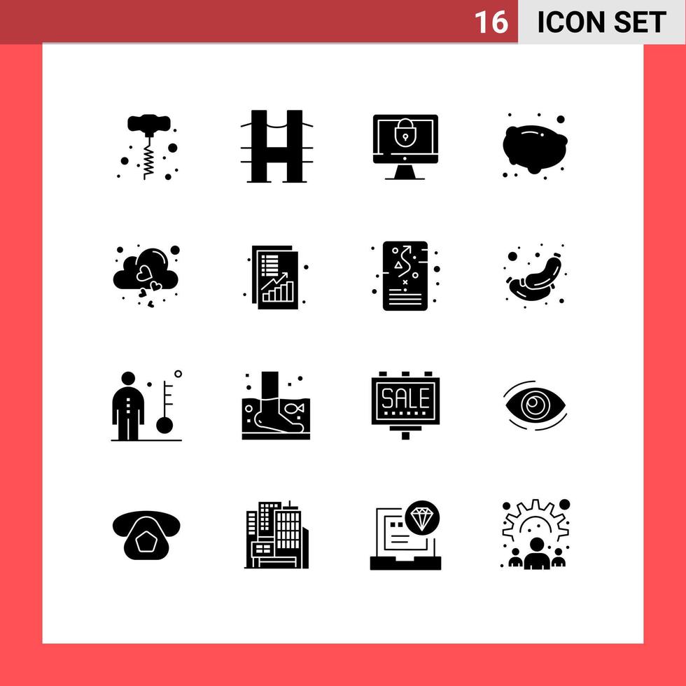 modern reeks van 16 solide glyphs pictogram van vallen hart internet wolk aardappel bewerkbare vector ontwerp elementen