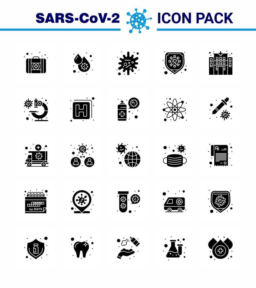 25 solide glyph coronavirus ziekte en het voorkomen vector icoon kliniek virus antigeen bescherming ziekte virale coronavirus 2019november ziekte vector ontwerp elementen