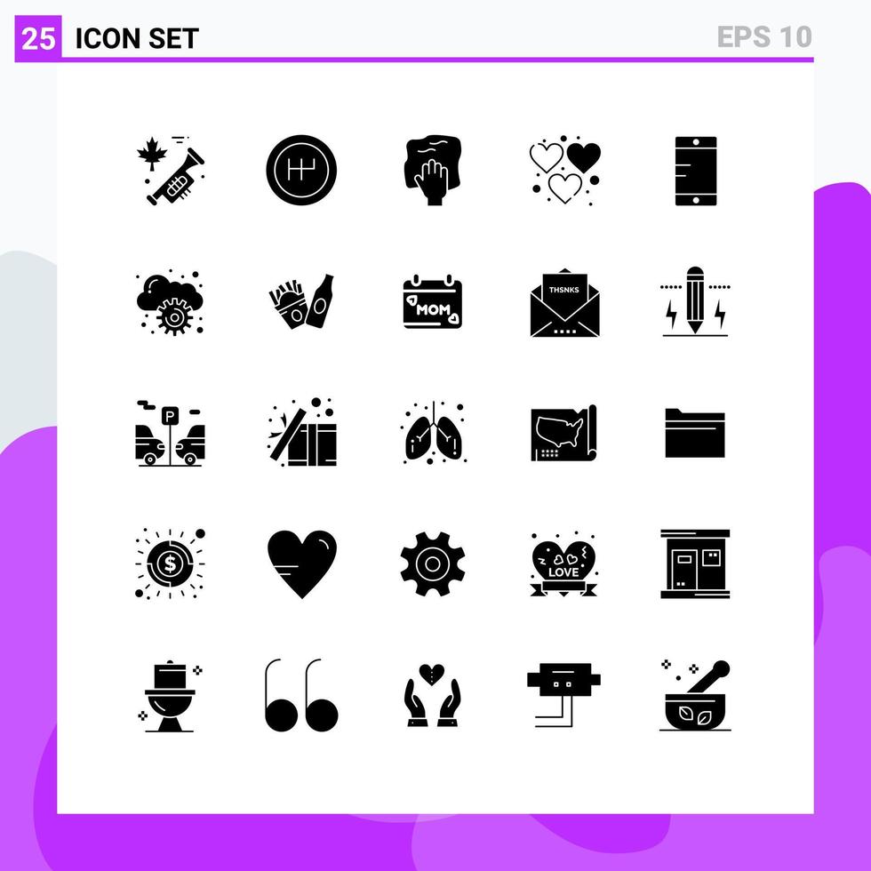 modern reeks van 25 solide glyphs pictogram van wolk cel wrijven mobiel spel bewerkbare vector ontwerp elementen