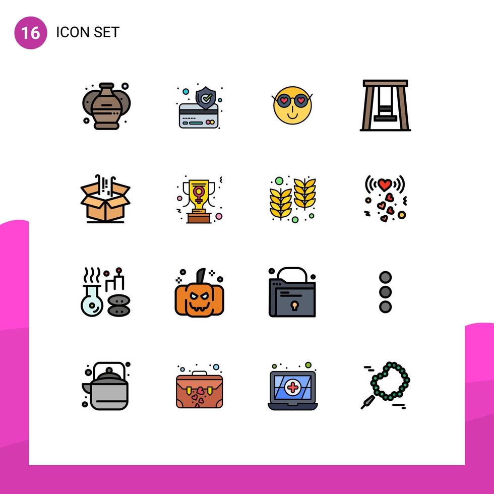 modern reeks van 16 vlak kleur gevulde lijnen pictogram van financiën doos emoji schommel kinderen bewerkbare creatief vector ontwerp elementen