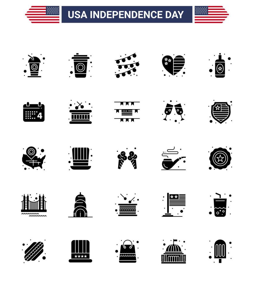 gelukkig onafhankelijkheid dag 4e juli reeks van 25 solide glyph Amerikaans pictogram van kalender fles partij decoratie alcohol vlag bewerkbare Verenigde Staten van Amerika dag vector ontwerp elementen