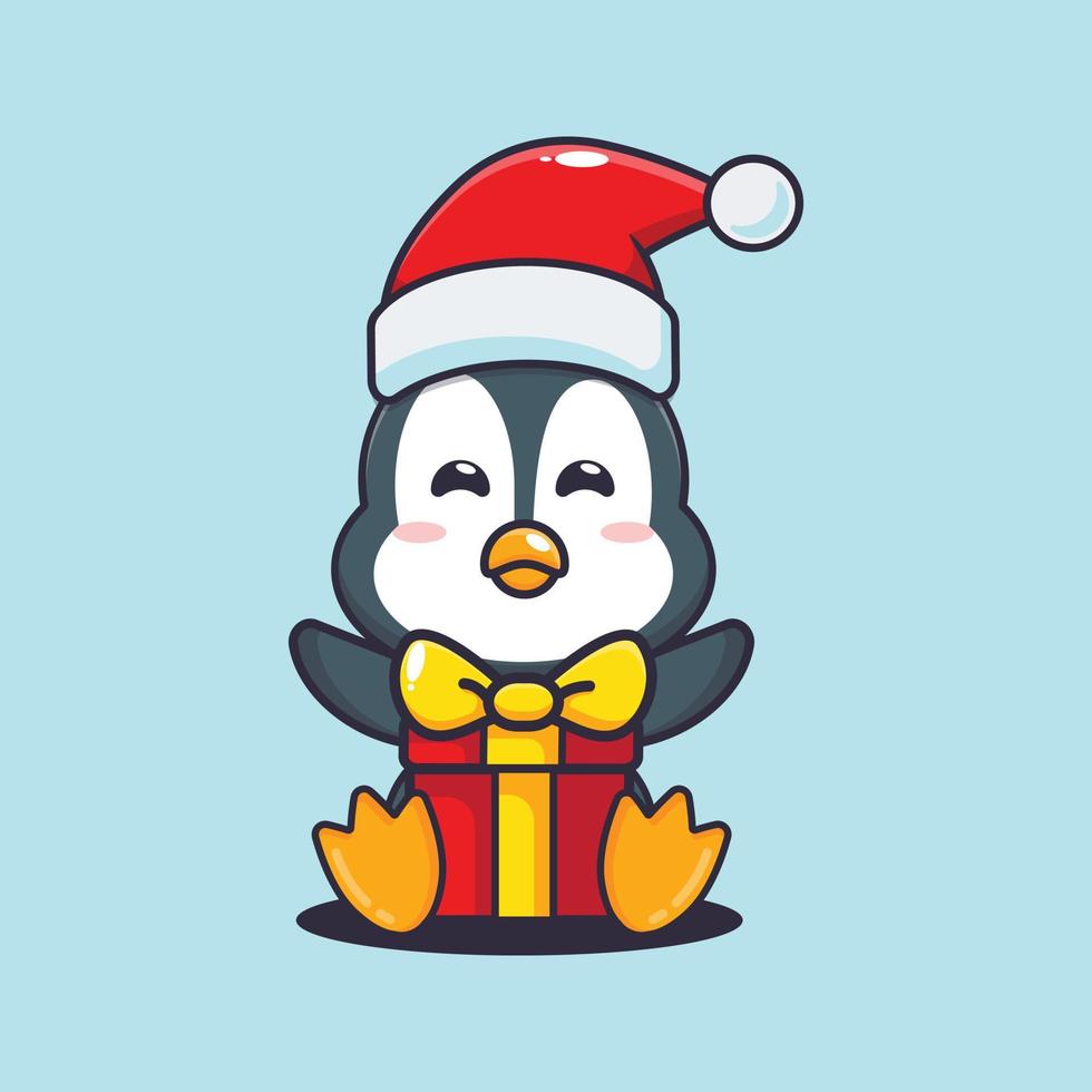 schattig pinguïn gelukkig met Kerstmis geschenk. schattig Kerstmis tekenfilm illustratie. vector